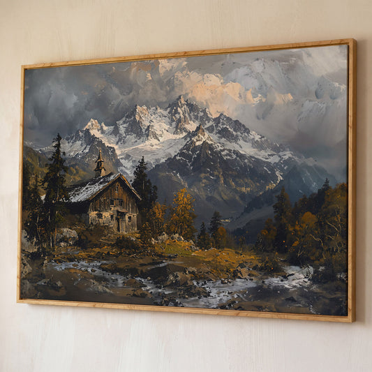 Cabin in the Woods Mountain Landscape Canvas shown in white oak floating frame
