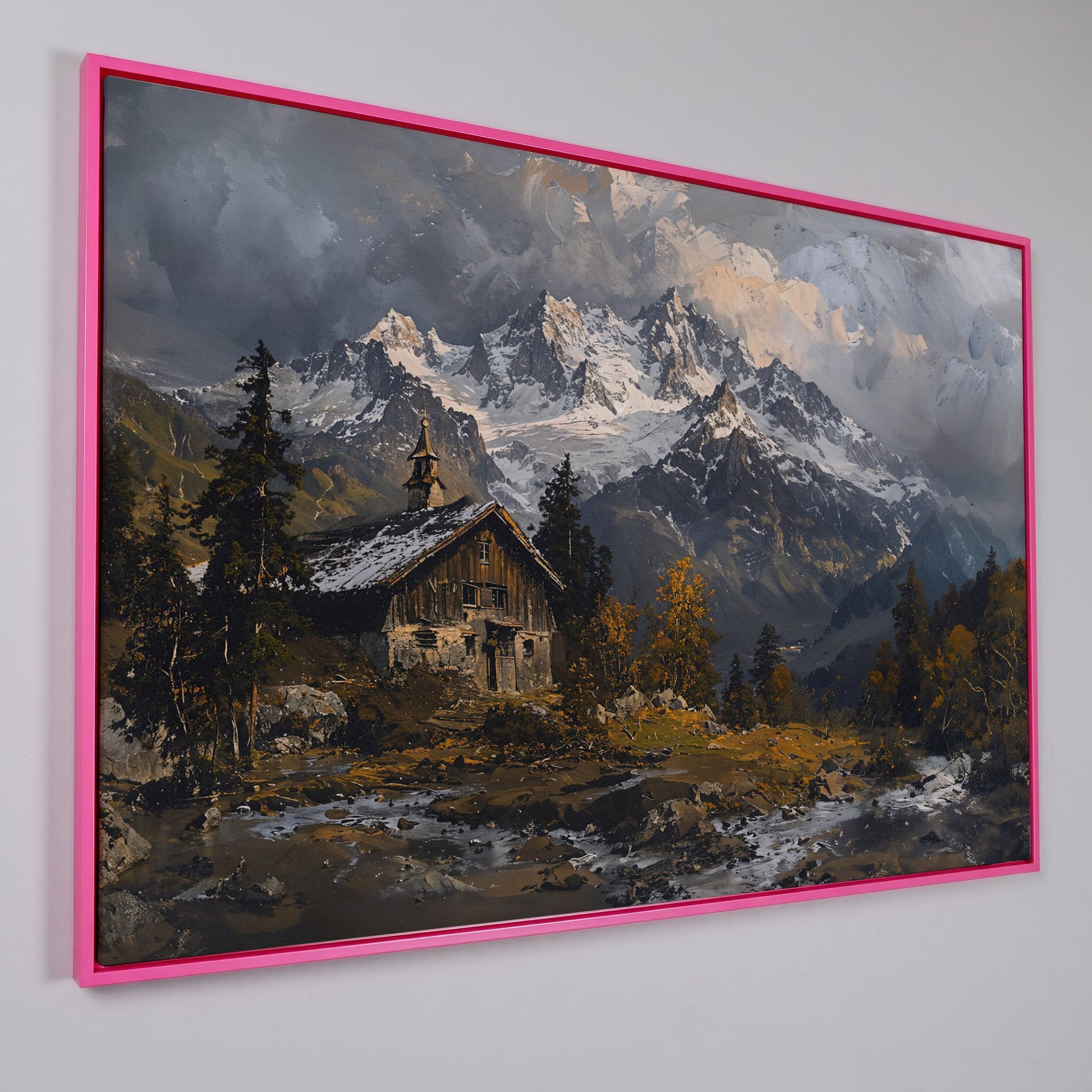 Cabin in the Woods Mountain Landscape Canvas in pink floating frame