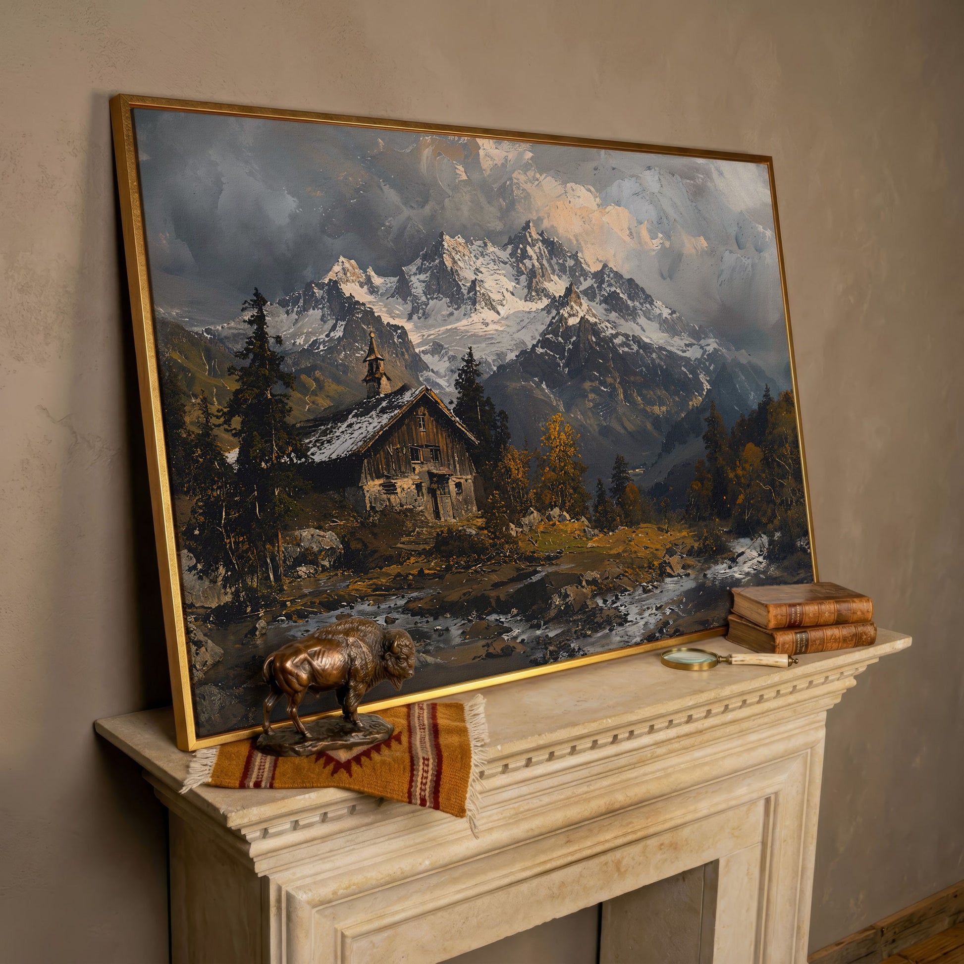 Cabin in the Woods Mountain Landscape Canvas in rose gold floating frame