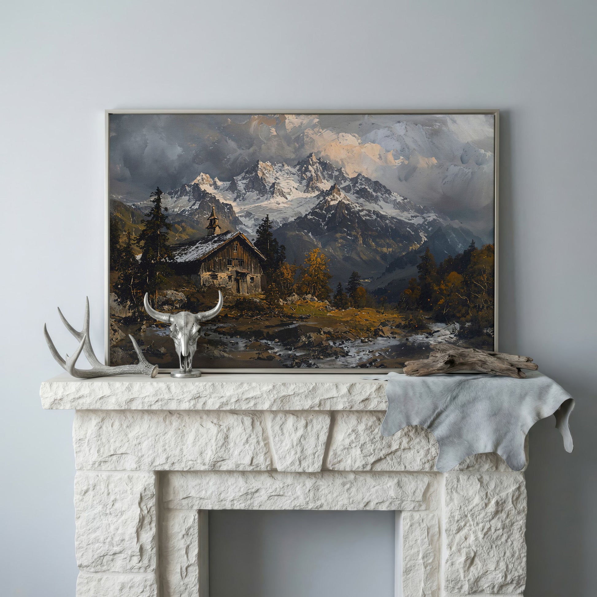 Cabin in the Woods Mountain Landscape Canvas in silver floating frame