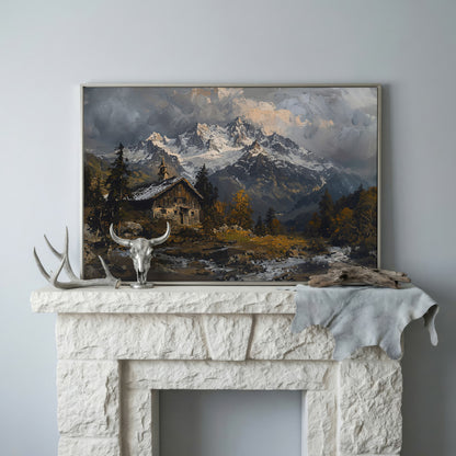 Cabin in the Woods Mountain Landscape Canvas in silver floating frame