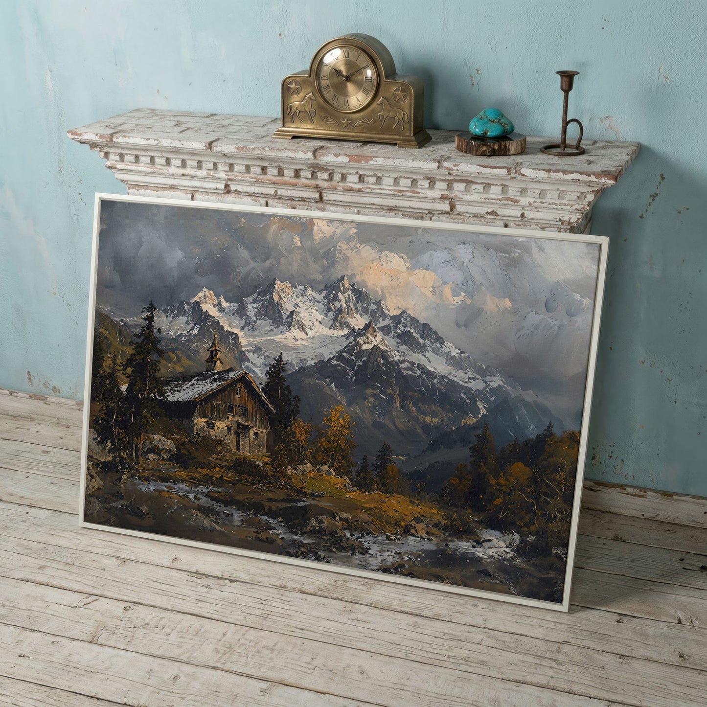 Cabin in the Woods Mountain Landscape Canvas in white floating frame