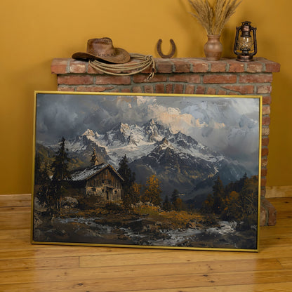 Cabin in the Woods Mountain Landscape Canvas in yellow gold floating frame