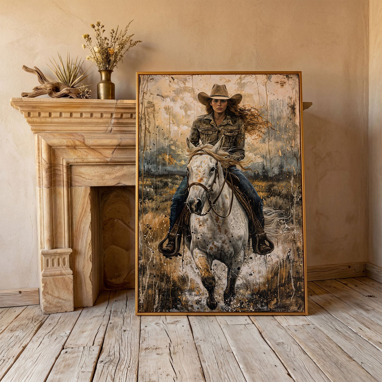 White Horse Galloping with Cowgirl Canvas Print in antique gold floating frame