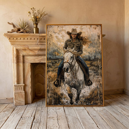 White Horse Galloping with Cowgirl Canvas Print in antique gold floating frame