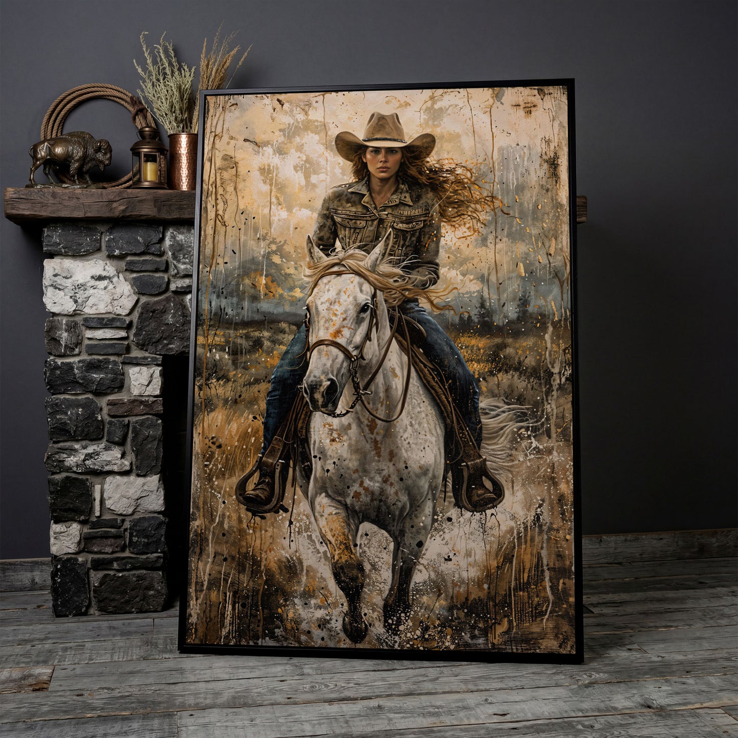 White Horse Galloping with Cowgirl Canvas Print in black floating frame