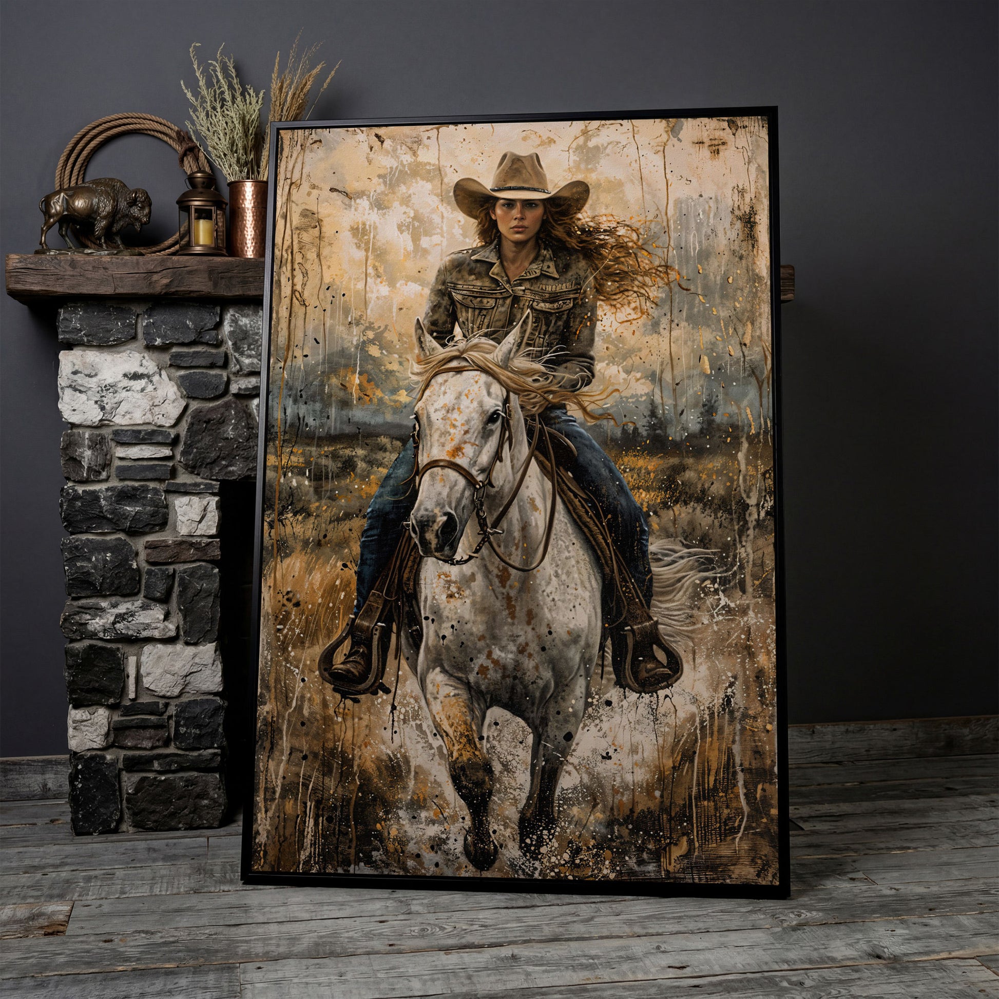 White Horse Galloping with Cowgirl Canvas Print in black floating frame