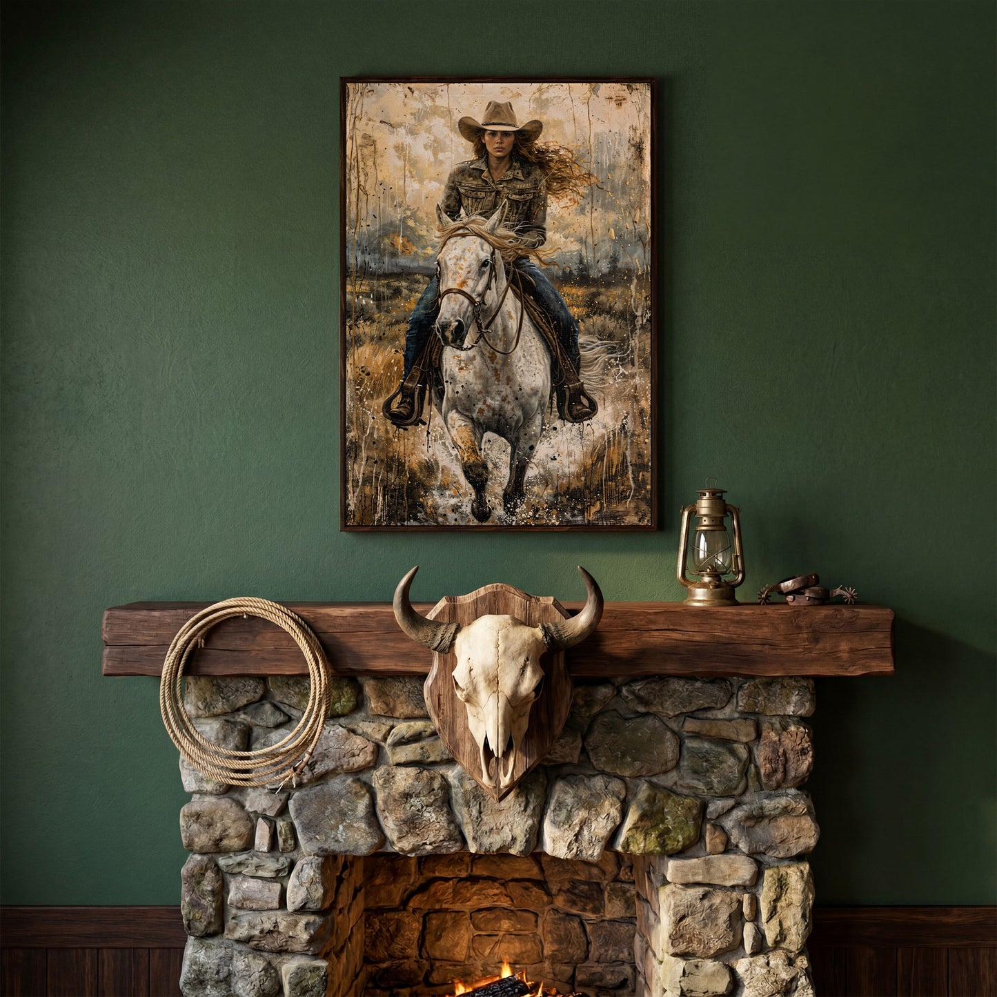 White Horse Galloping with Cowgirl Canvas Print in dark walnut floating frame