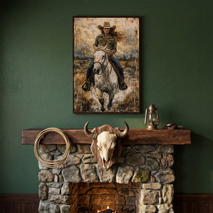 White Horse Galloping with Cowgirl Canvas Print in dark walnut floating frame