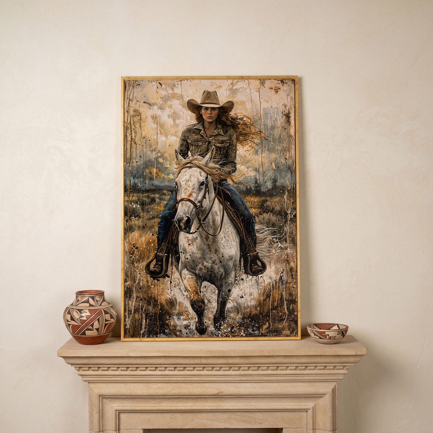 White Horse Galloping with Cowgirl Canvas Print in white oak floating frame