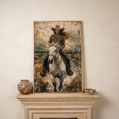 White Horse Galloping with Cowgirl Canvas Print in white oak floating frame