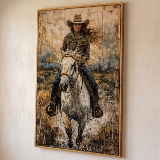White Horse Galloping with Cowgirl Canvas Print shown in white oak floating frame