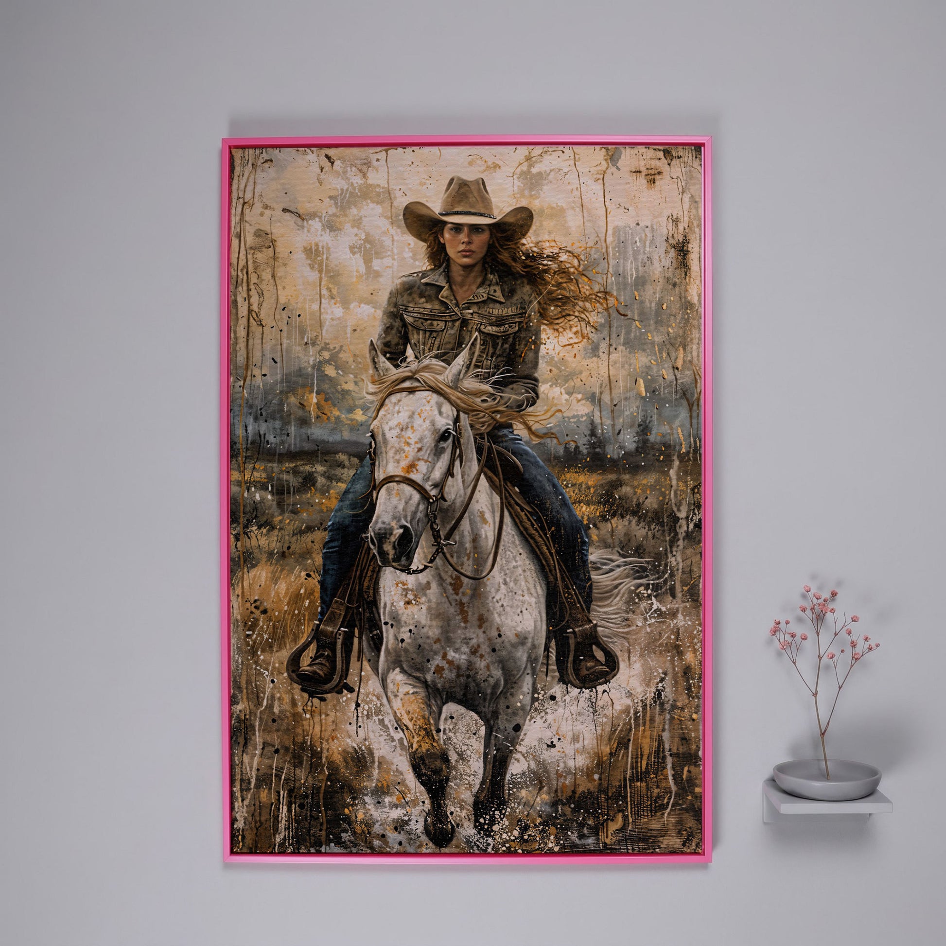 White Horse Galloping with Cowgirl Canvas Print in pink floating frame