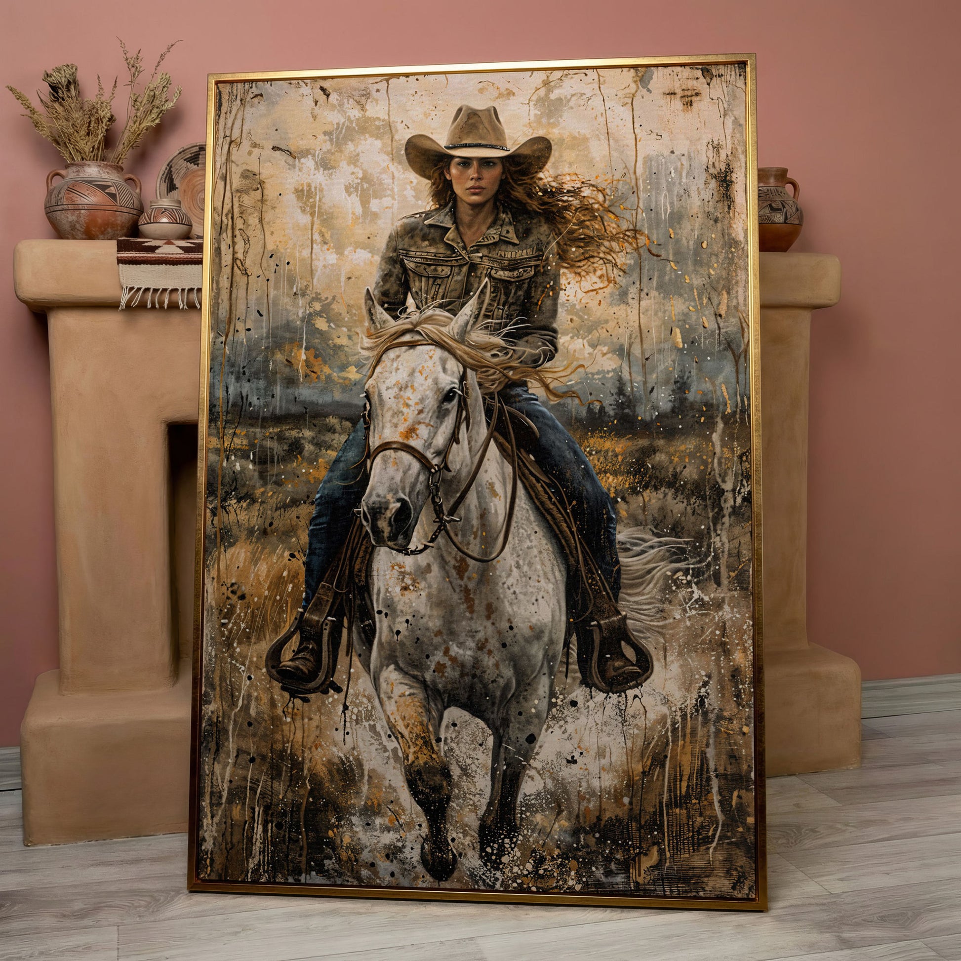 White Horse Galloping with Cowgirl Canvas Print in rose gold floating frame