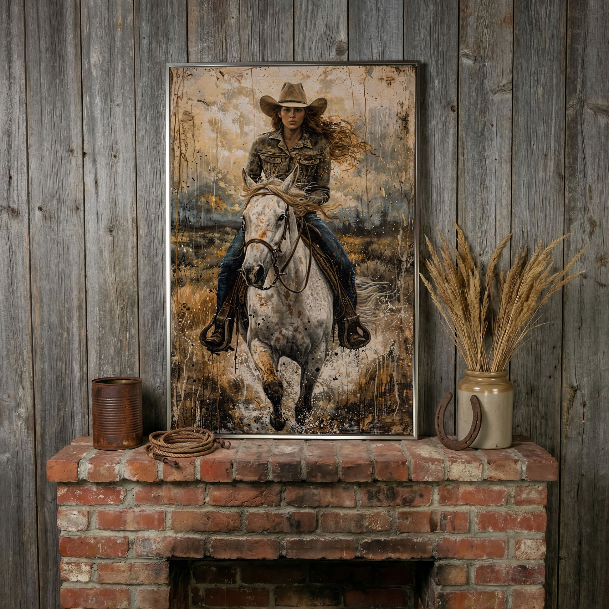White Horse Galloping with Cowgirl Canvas Print in silver floating frame