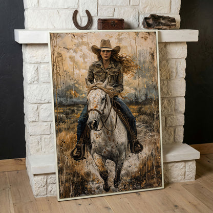 White Horse Galloping with Cowgirl Canvas Print in white floating frame
