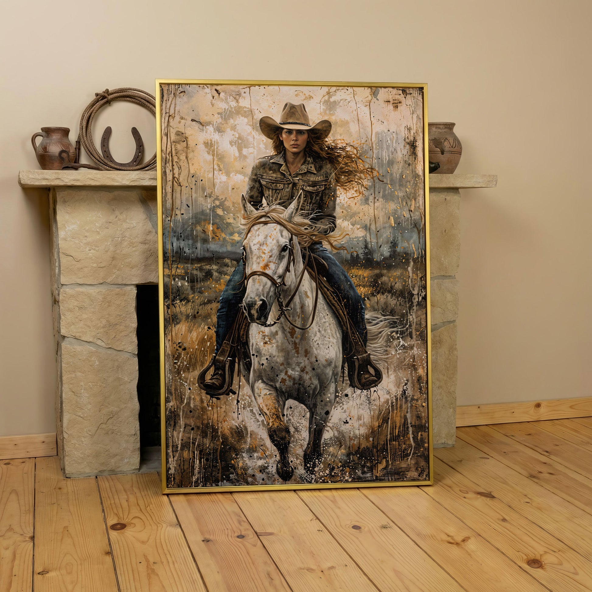 White Horse Galloping with Cowgirl Canvas Print in yellow gold floating frame