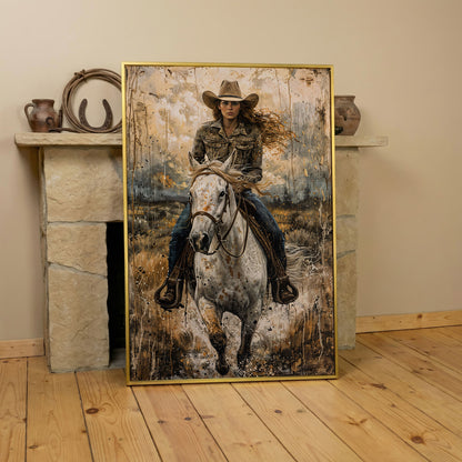 White Horse Galloping with Cowgirl Canvas Print in yellow gold floating frame