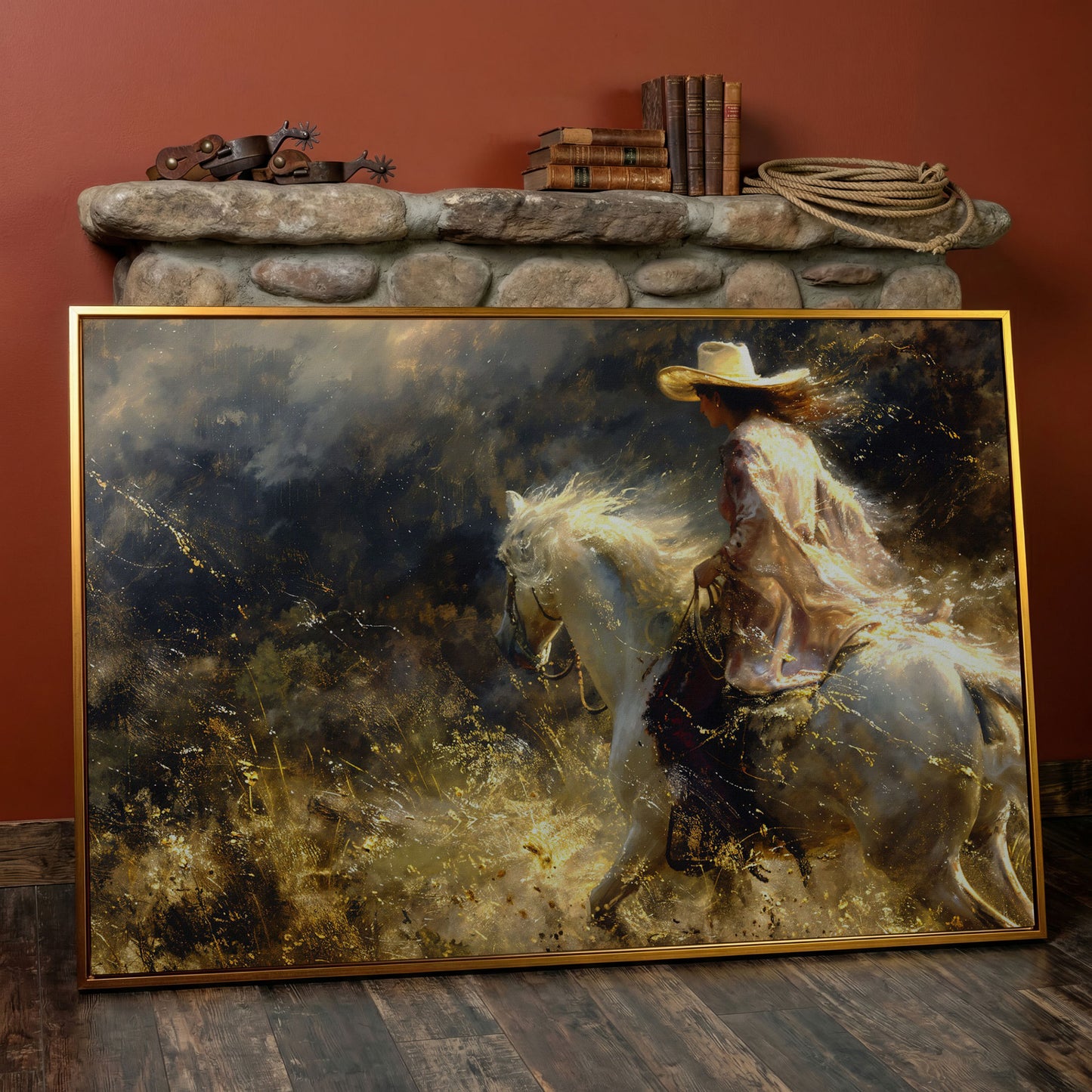 Cowgirl on White Horse Canvas Print, Western Decor in antique gold floating frame