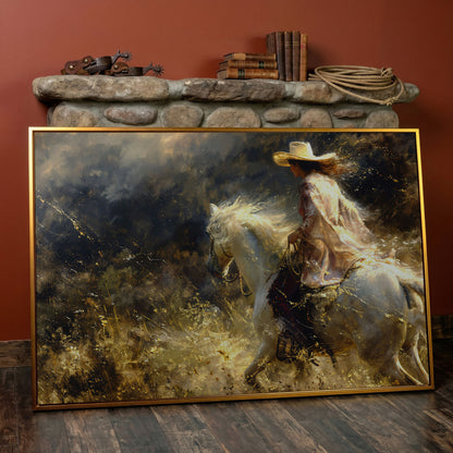 Cowgirl on White Horse Canvas Print, Western Decor in antique gold floating frame