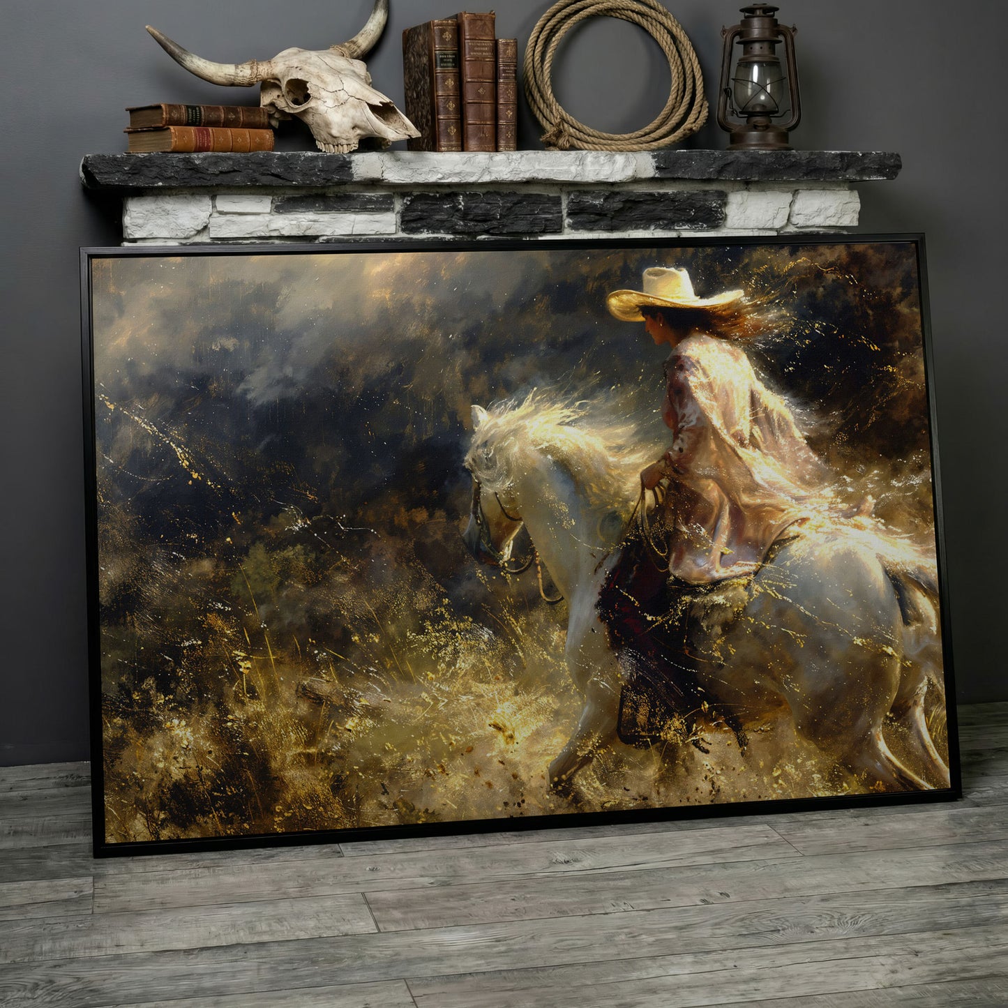 Cowgirl on White Horse Canvas Print, Western Decor in black floating frame