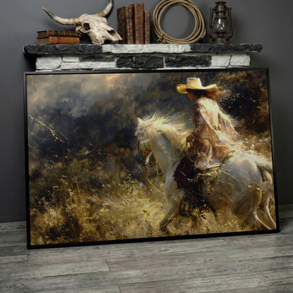Cowgirl on White Horse Canvas Print, Western Decor in black floating frame