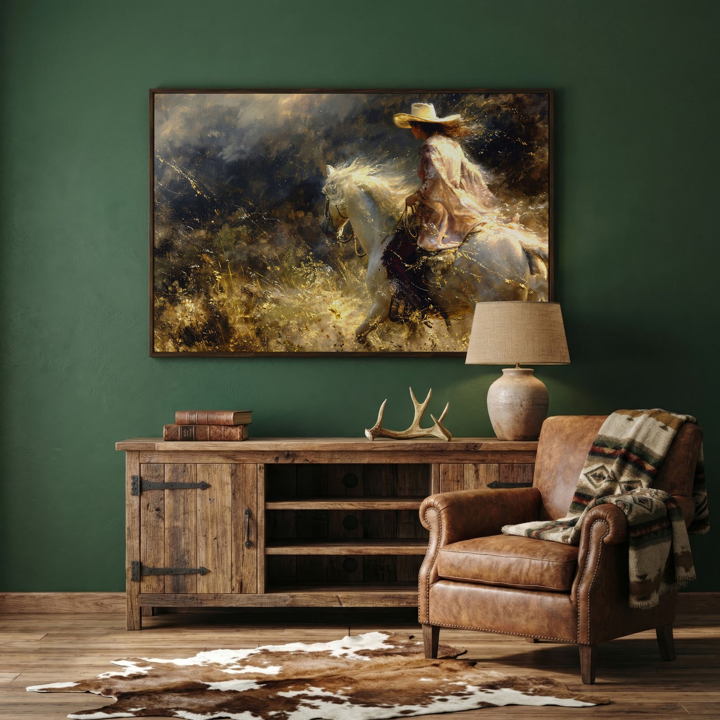 Cowgirl on White Horse Canvas Print, Western Decor in dark walnut floating frame