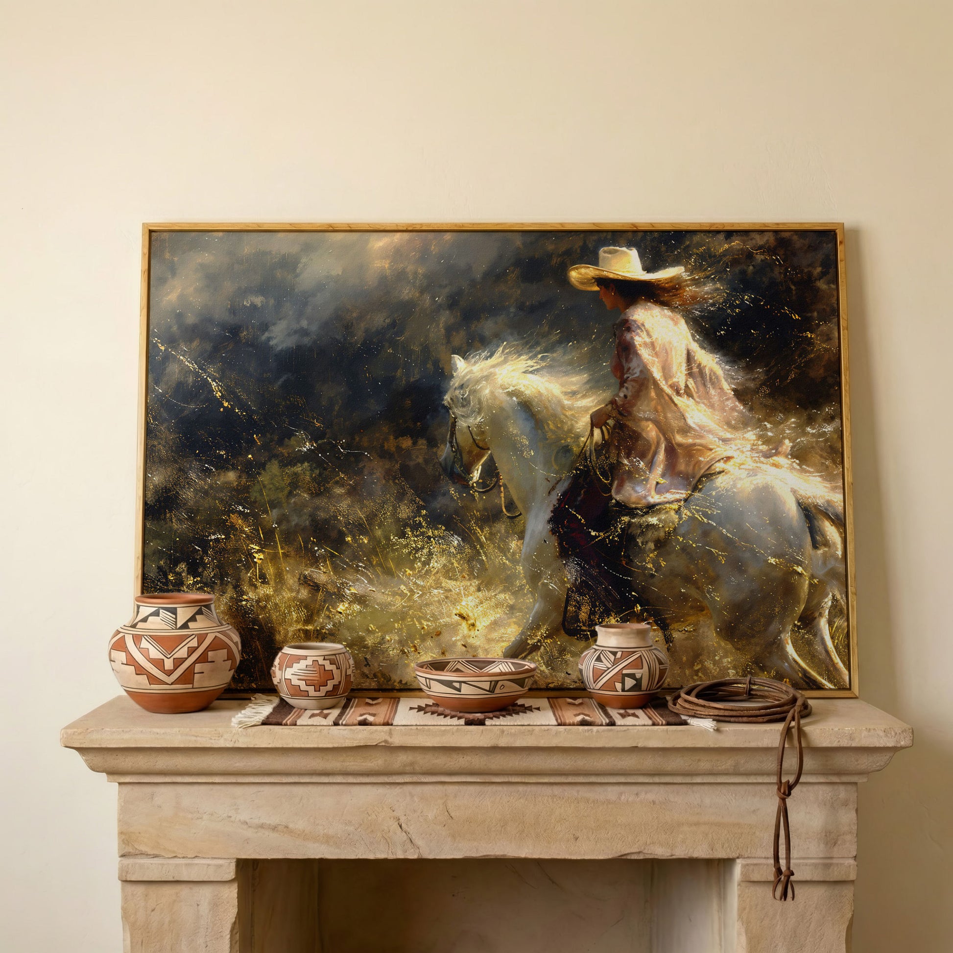 Cowgirl on White Horse Canvas Print, Western Decor in white oak floating frame