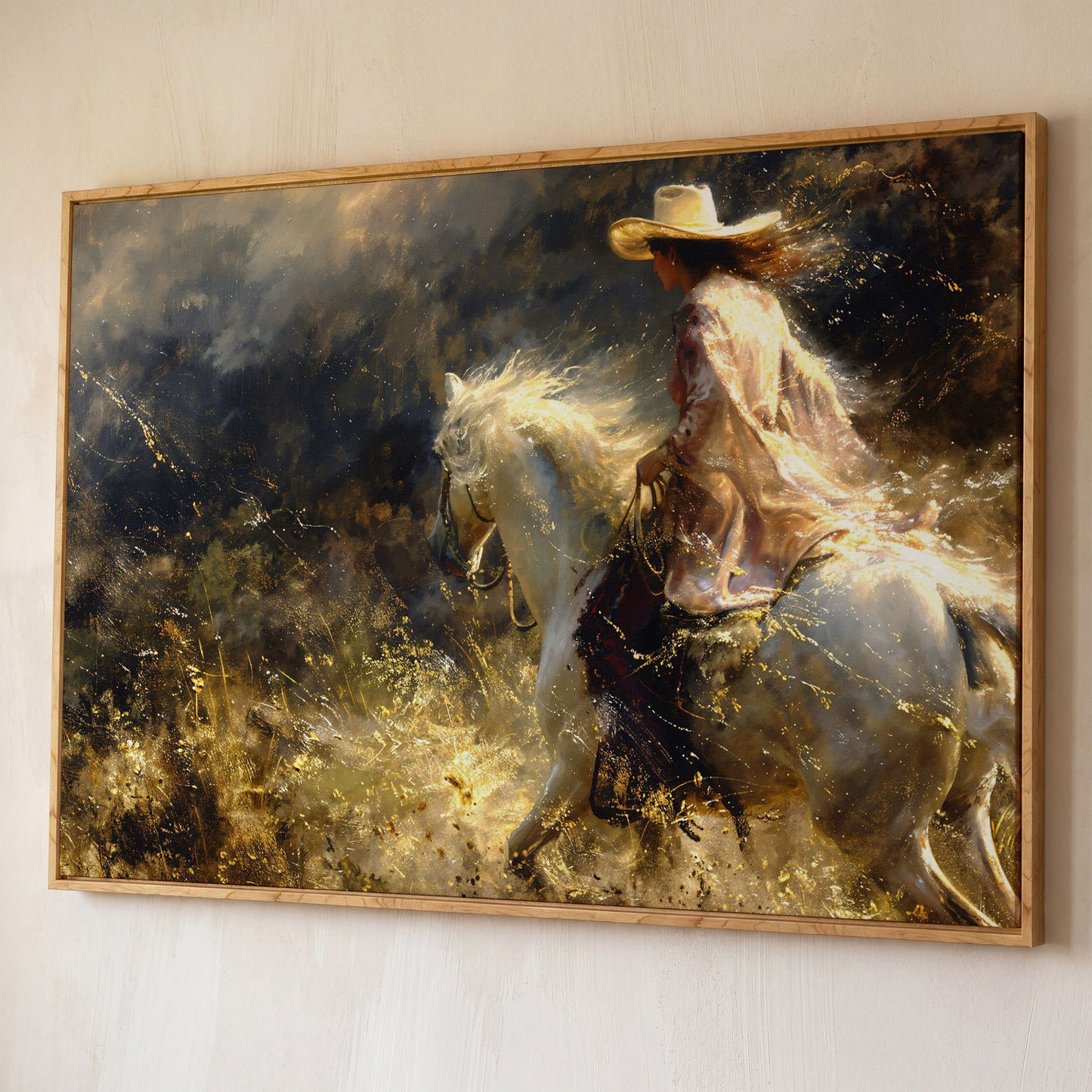Cowgirl on White Horse Canvas Print, Western Decor shown in white oak floating frame