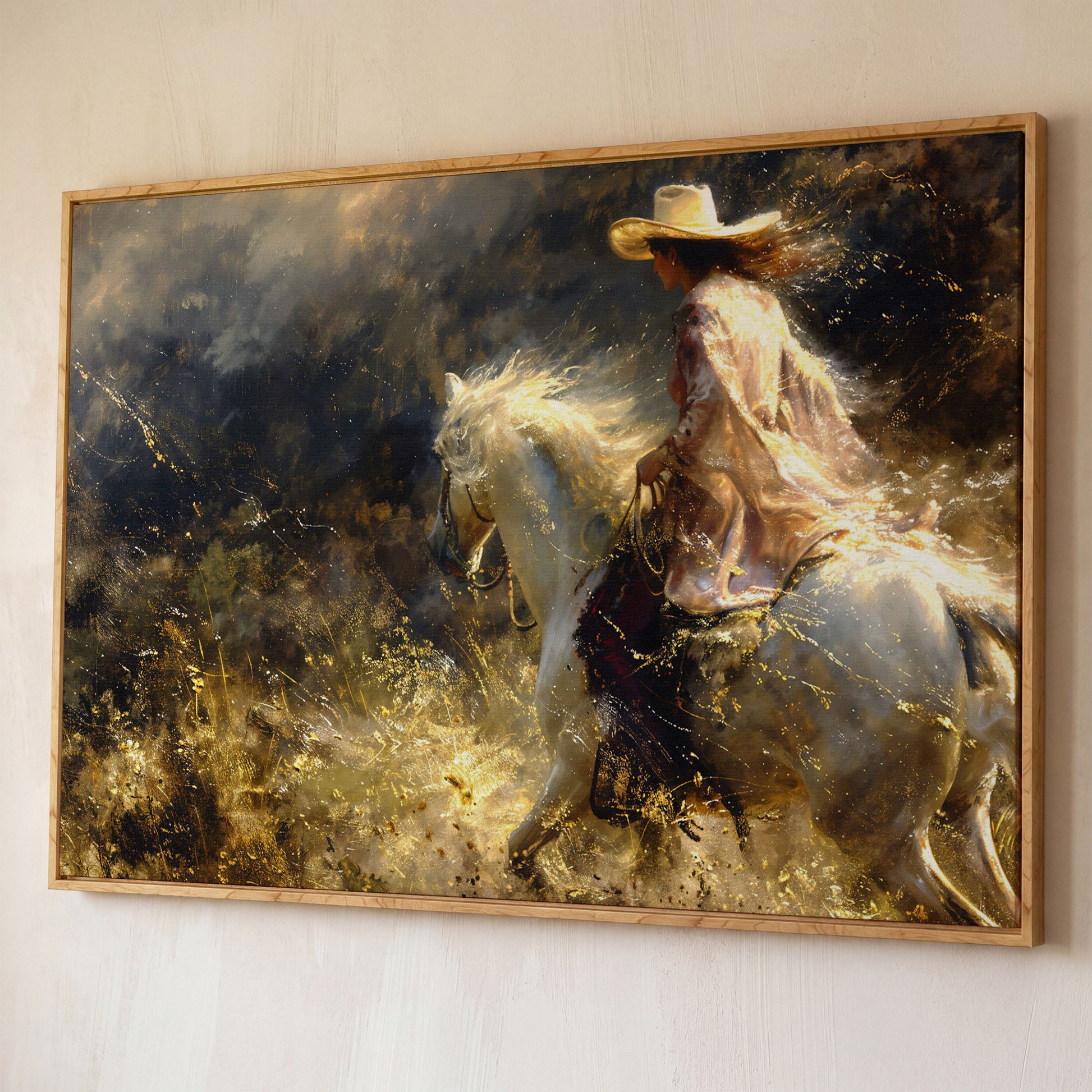 Cowgirl on White Horse Canvas Print, Western Decor shown in white oak floating frame