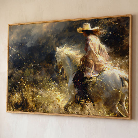 Cowgirl on White Horse Canvas Print, Western Decor shown in white oak floating frame