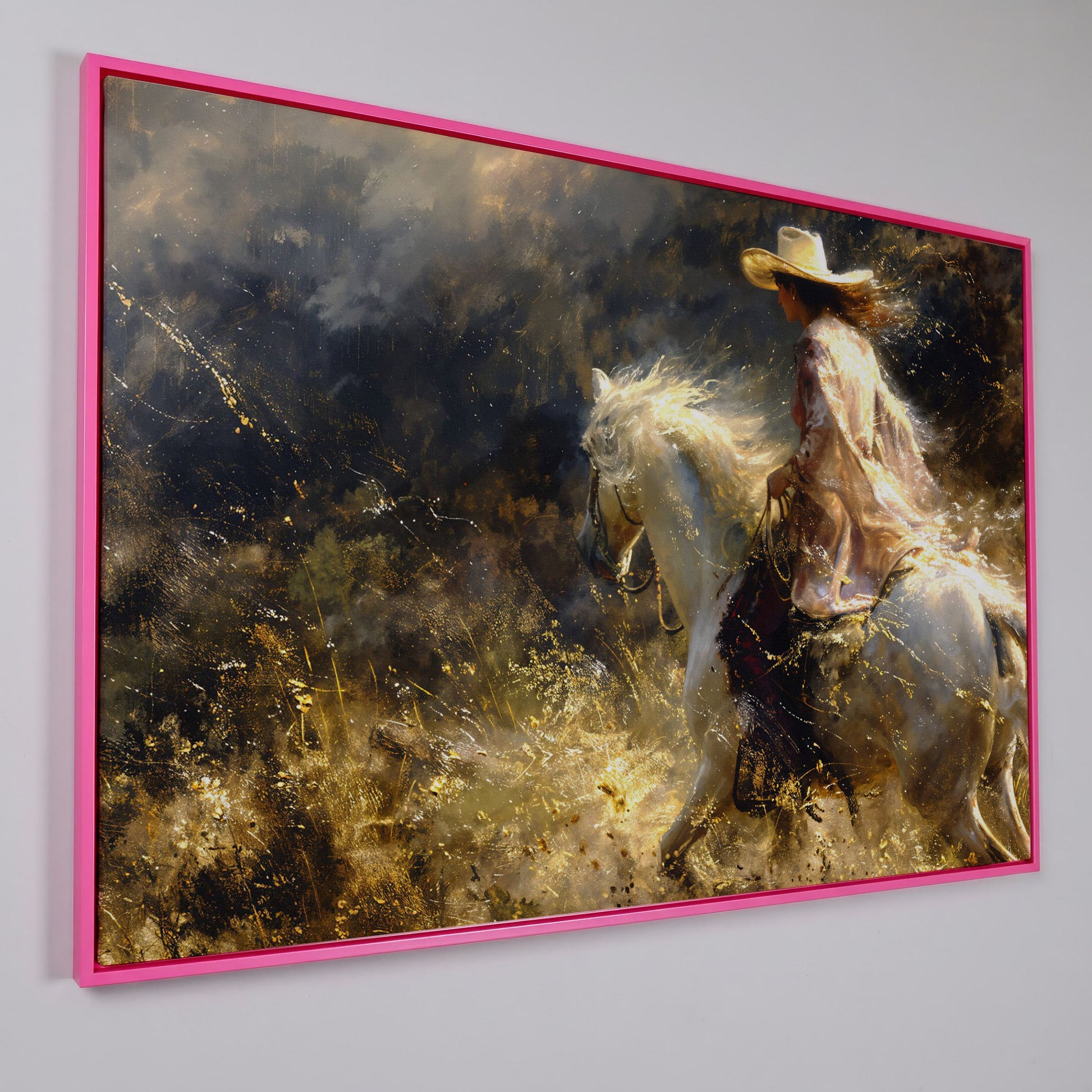 Cowgirl on White Horse Canvas Print, Western Decor in pink floating frame
