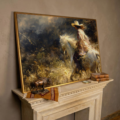 Cowgirl on White Horse Canvas Print, Western Decor in rose gold floating frame