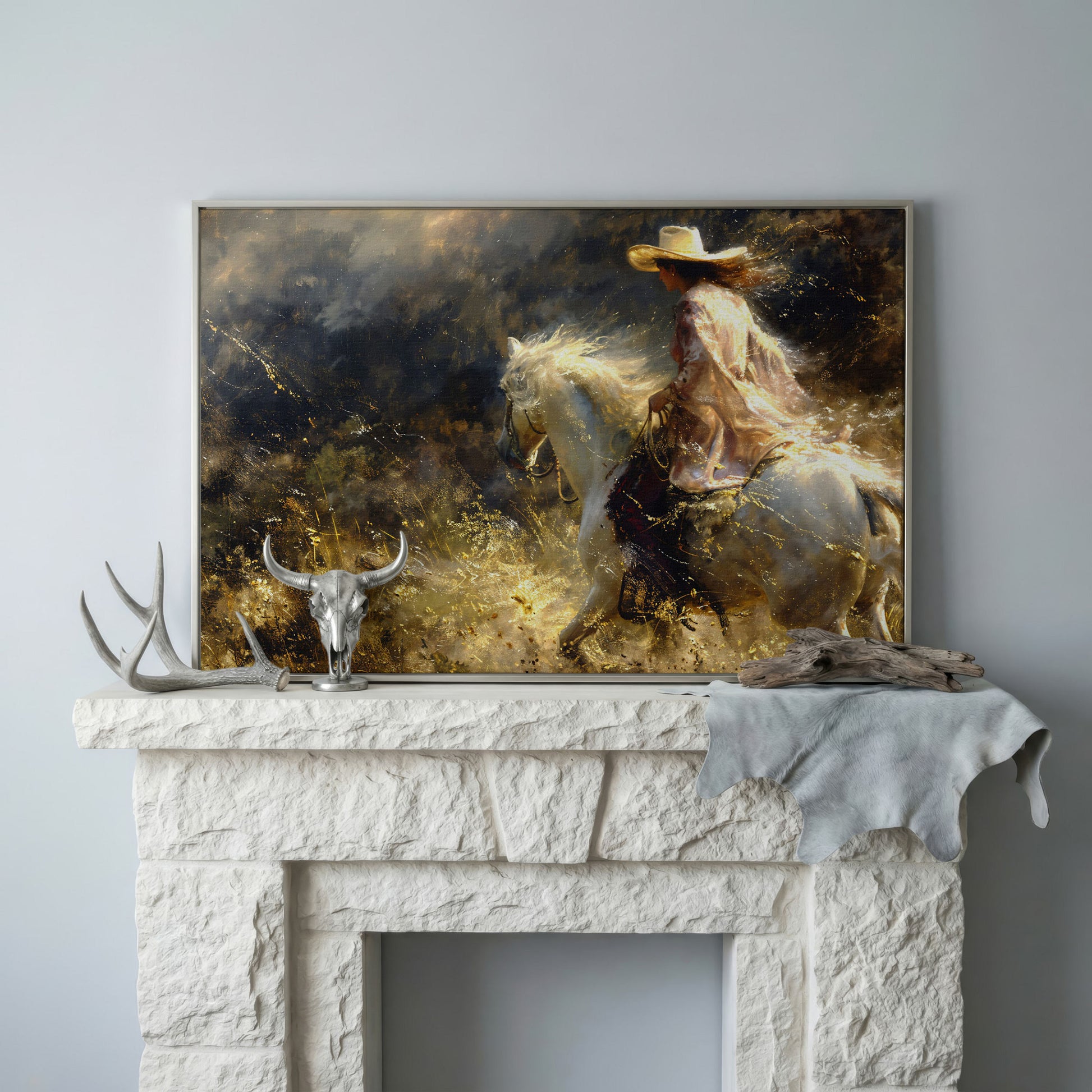 Cowgirl on White Horse Canvas Print, Western Decor in silver floating frame