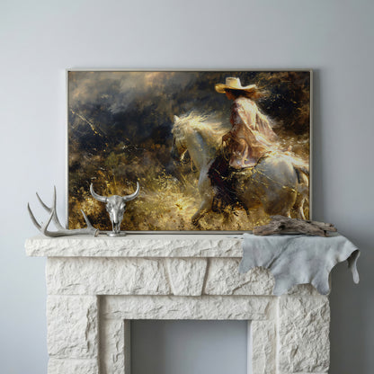 Cowgirl on White Horse Canvas Print, Western Decor in silver floating frame