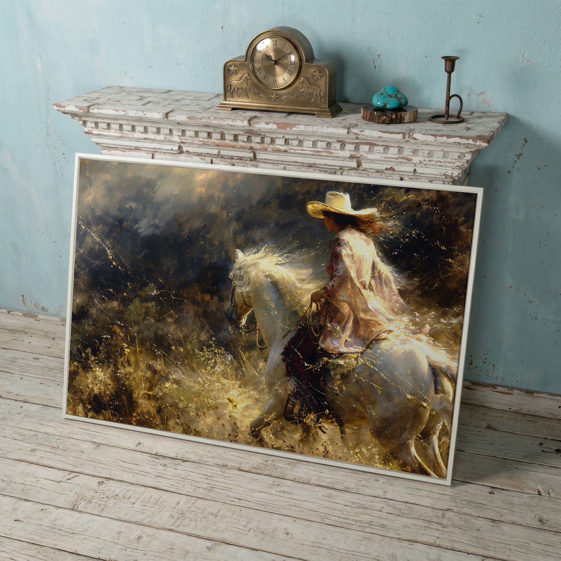 Cowgirl on White Horse Canvas Print, Western Decor in white floating frame