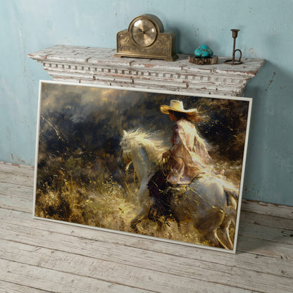 Cowgirl on White Horse Canvas Print, Western Decor in white floating frame