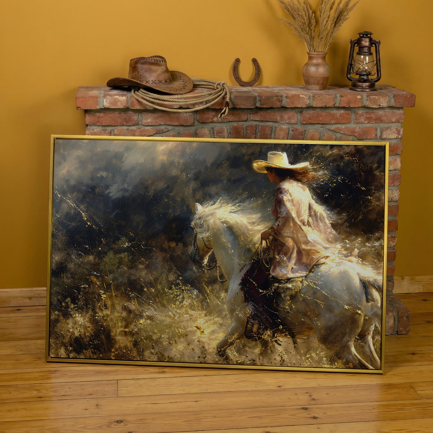 Cowgirl on White Horse Canvas Print, Western Decor in yellow gold floating frame