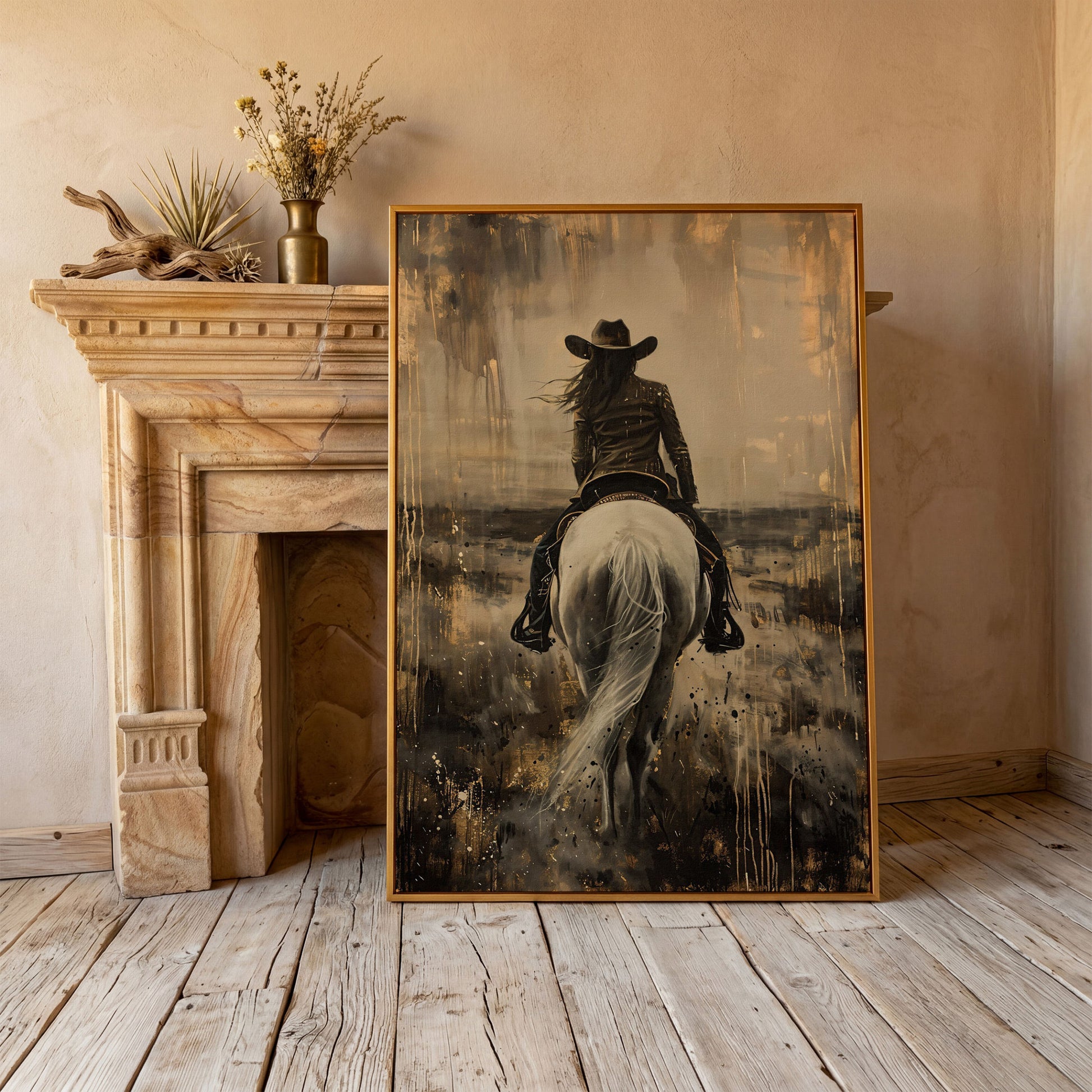 Cowgirl on Horseback Canvas Print in Sepia in antique gold floating frame