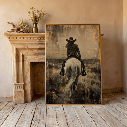 Cowgirl on Horseback Canvas Print in Sepia in antique gold floating frame