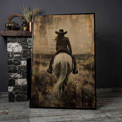 Cowgirl on Horseback Canvas Print in Sepia in black floating frame