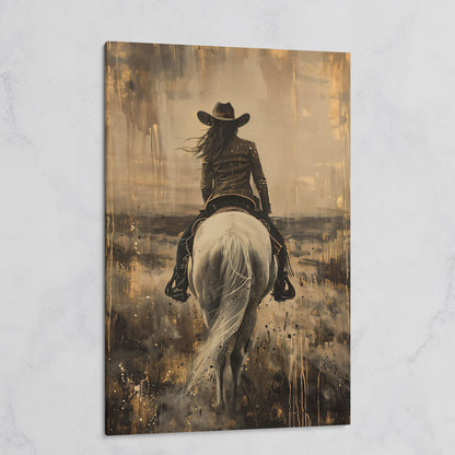 Cowgirl on Horseback Canvas Print in Sepia on gallery wrap