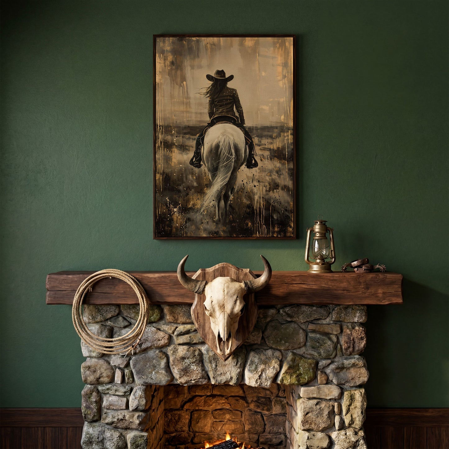 Cowgirl on Horseback Canvas Print in Sepia in dark walnut floating frame