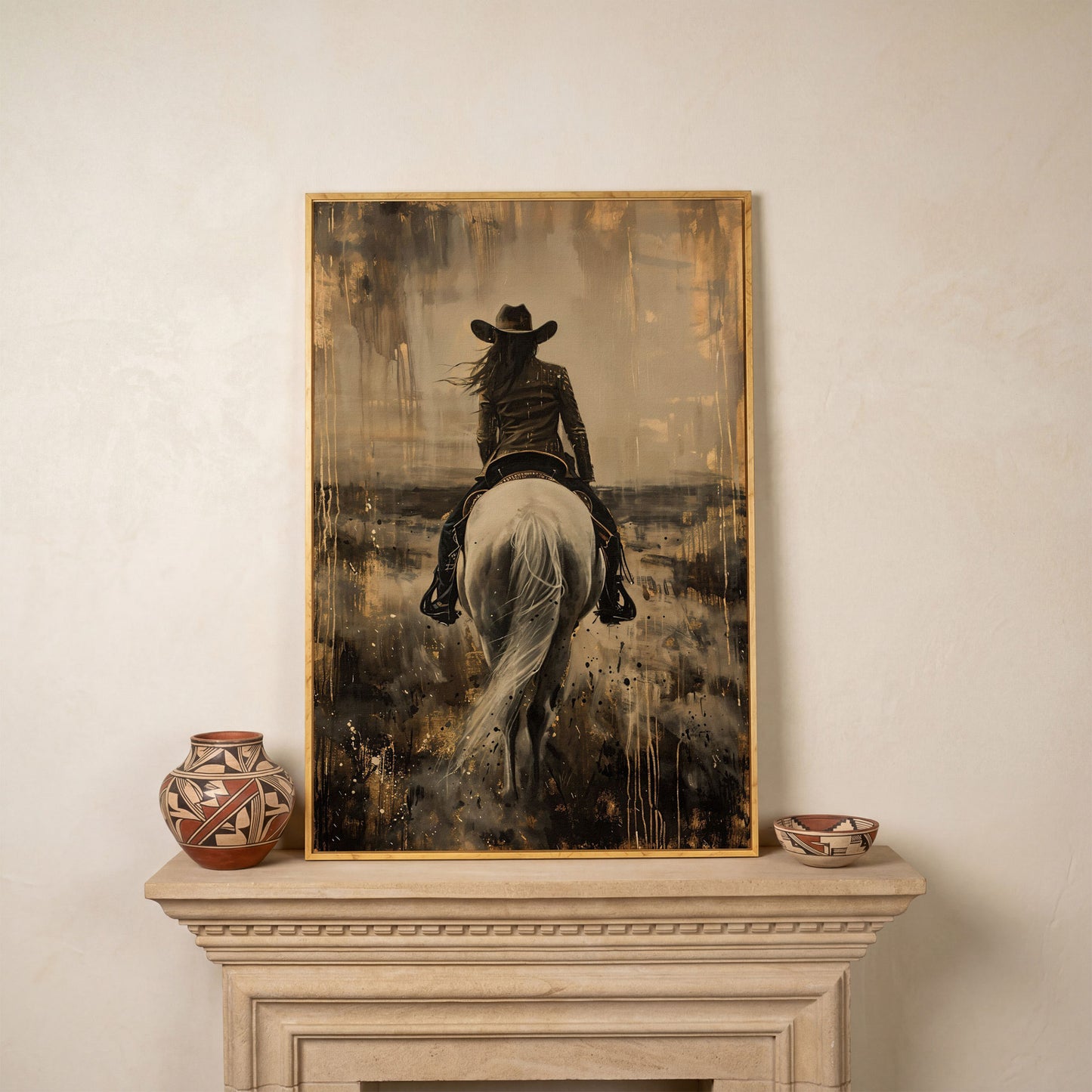 Cowgirl on Horseback Canvas Print in Sepia in white oak floating frame