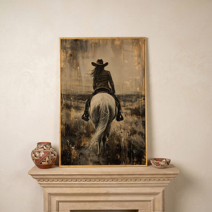 Cowgirl on Horseback Canvas Print in Sepia in white oak floating frame