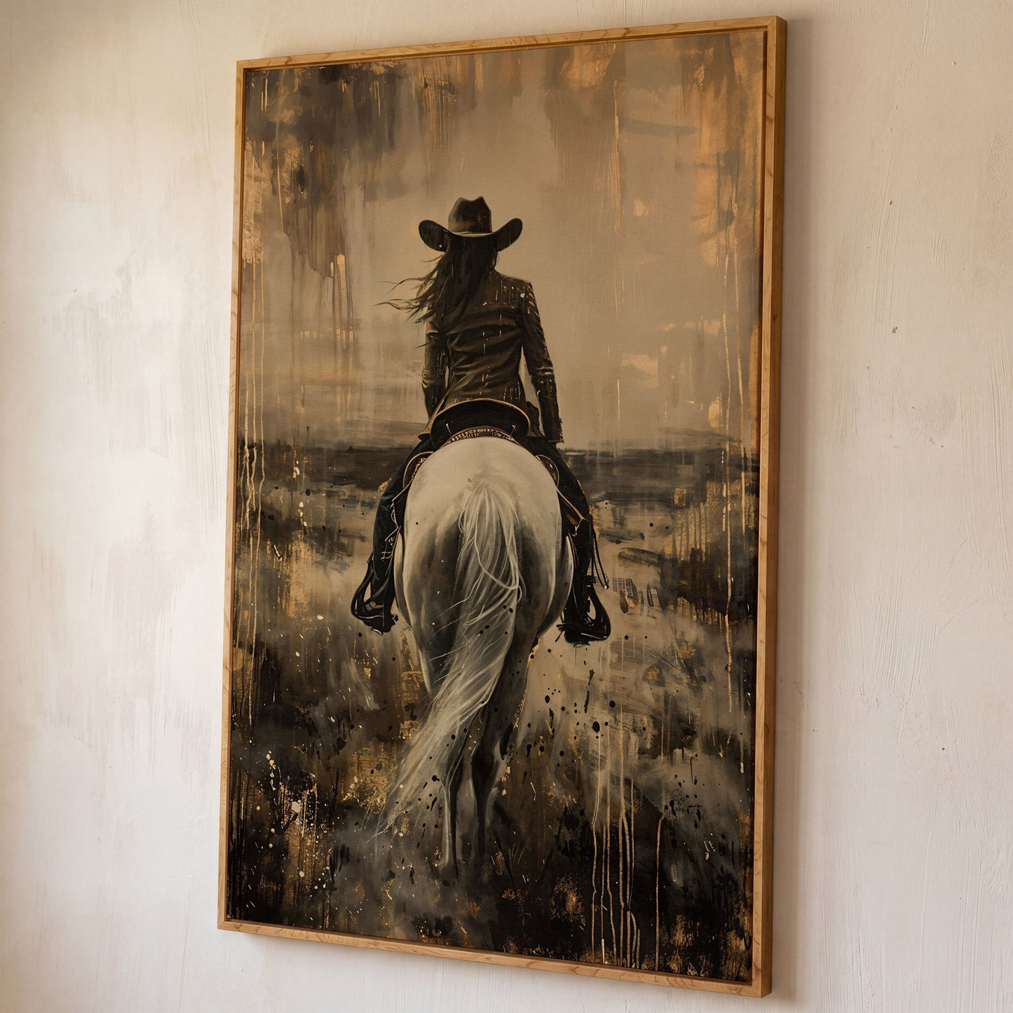 Cowgirl on Horseback Canvas Print in Sepia shown in white oak floating frame