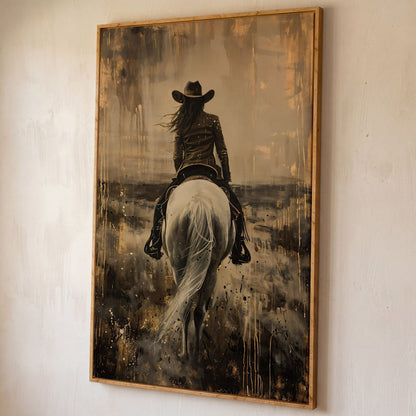 Cowgirl on Horseback Canvas Print in Sepia shown in white oak floating frame