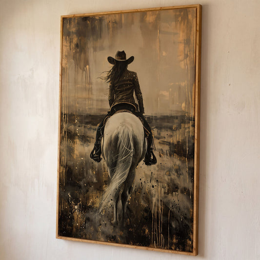 Cowgirl on Horseback Canvas Print in Sepia shown in white oak floating frame