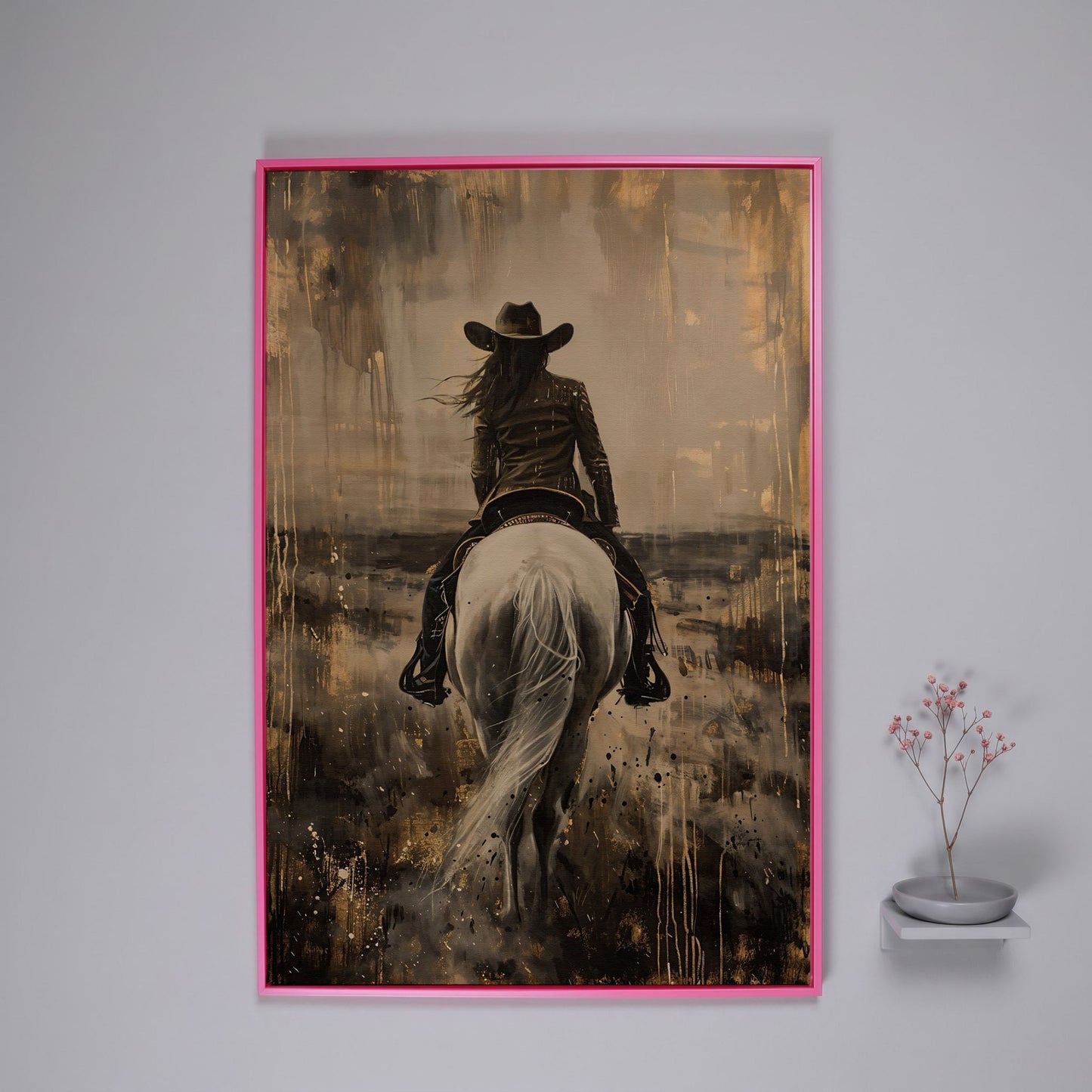 Cowgirl on Horseback Canvas Print in Sepia in pink floating frame