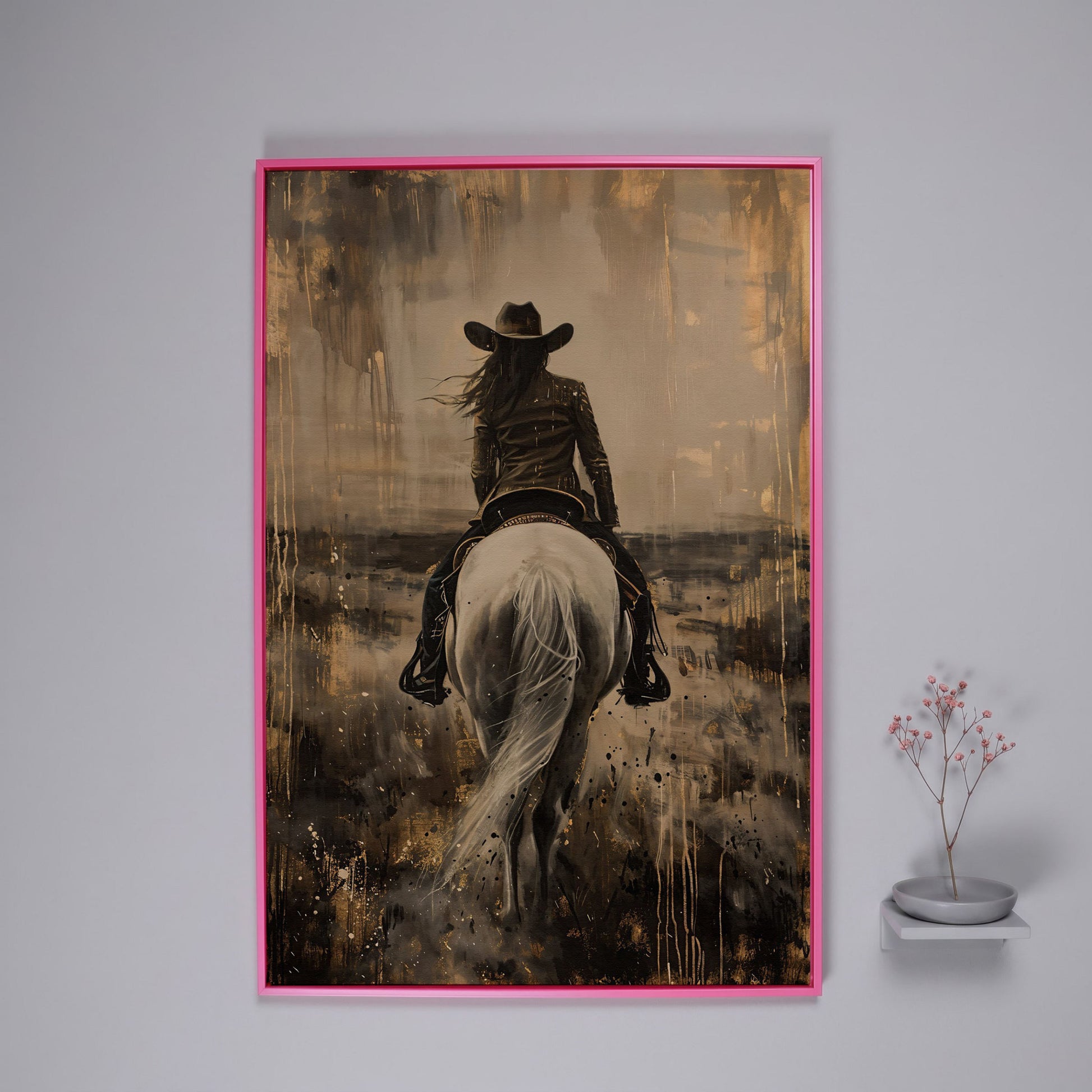 Cowgirl on Horseback Canvas Print in Sepia in pink floating frame
